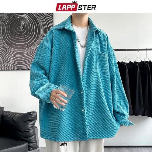 LAPPSTER Men Solid Long Sleeve Vintage Shirt 2021 Mens Corduroy Harajuku Korean Shirts Male Designer Oversized Baggy Shirts 5XL