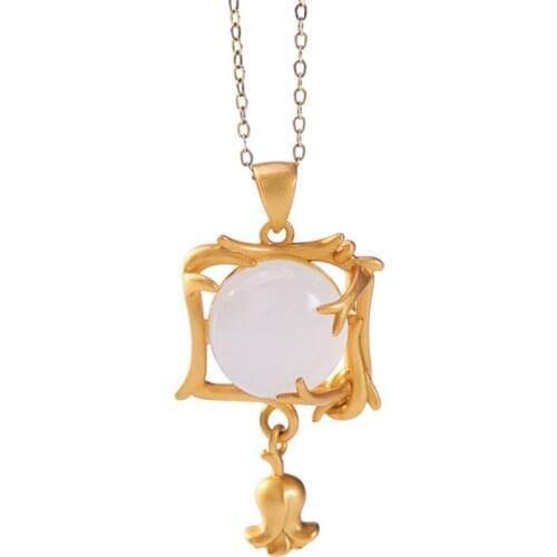 S925 sterling silver gold-plated natural Hetian white jade pendant personality retro Lily womens pendant