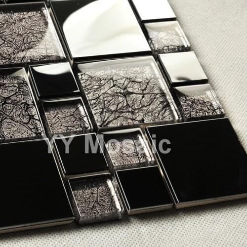 Modern stylish black color metal and gold foil glass mosaic wall tile for kitchen backsplash wine cabinet television backdrop