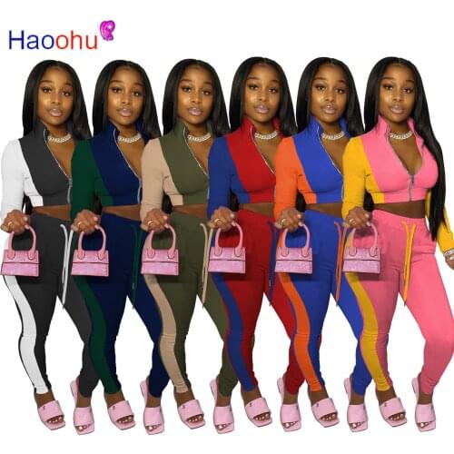 HAOOHU Sport Sweatsuit Patchwork color block Womens Set Zipper jacket +Jogger Pants Set Tracksuit Two Piece Outfits