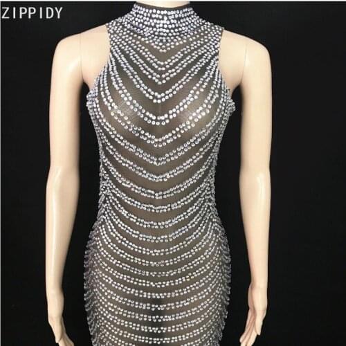 Sparkly Silver Stones Mesh Dress Evening Birthday Celebrate Dress Sexy High Neck Outfit Women Singer Show Long Dress