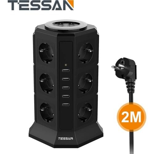 TESSAN 12-Way Socket Strip (2500W / 10A) 5 USB Ports, Multiple Sockets with Switch Overload Protection for Home Office, 2m cable