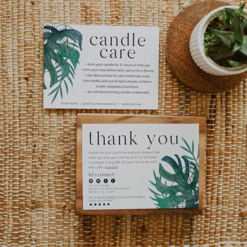 Tropical Business Thank You Card Template, Care Card Package Insert, Boho Business Care Instructions Candle Care Card Candle War