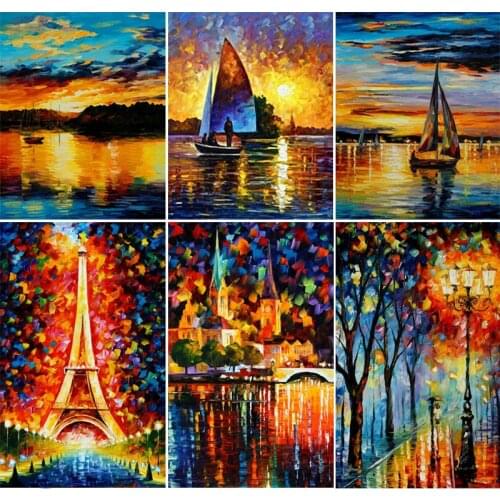 XUEQIXIAOZU 5D DIY Diamond Painting Lake View Boat Tower Landscape Square Mosaic Rhinestone Accessories Home Decoration Crafts