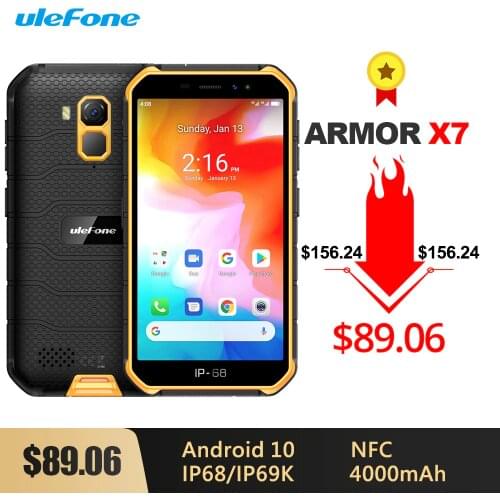 Ulefone Armor X7 Android 10 Rugged Waterproof Smartphone 5.0-inch 2GB 16GB IP68/IP69K Quad-core 4000mAh NFC 4G LTE Mobile Phone