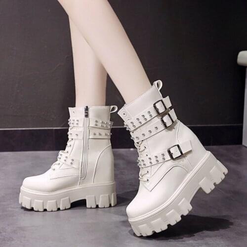 2020 Winter Women Chunky Ankle Boots Platform Boots Fashion Womens 11cm Super High Wedge Gladiator Boot Brand Shoes Woman Black