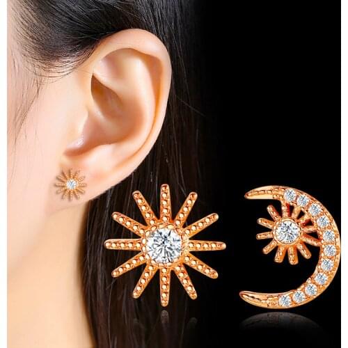 Womens Fashion Creative Asymmetric Stud Earrings Mini Crystal Zircon Sun Star Moon Tiny Earring Piercing Accessories Best Gifts