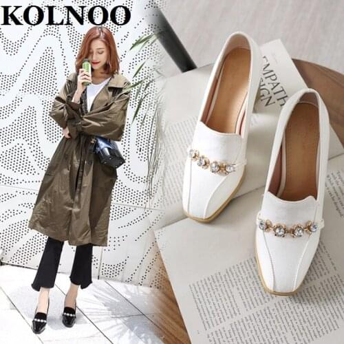 KOLNOO New Handmade Womens Thick Heels Pumps Rhinstones Patent Leather Slip-On Wedding Party Prom Fashion Daily Court Shoes T712