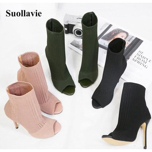 Suollavie New Womens Green Elastic Knit Sock Boots Peep Toe High Heels Fashion Kardashian Autumn Sexy Ankle Boots Female Shoes