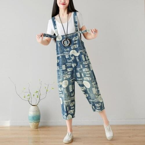 Summer Jumpsuits Women Large size Loose Retro Denim Rompers New Ladies Casual pocket Print Letter Vintage Overalls 2019