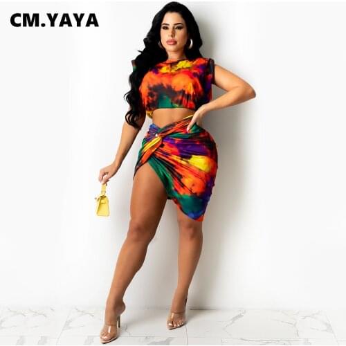 CM.YAYA Women Set Print Sleeveless Crop Top Zip Asymmetrical Mini Skirts Two 2 Piece Sets Sexy Fashion Outfit Summer Tracksuits