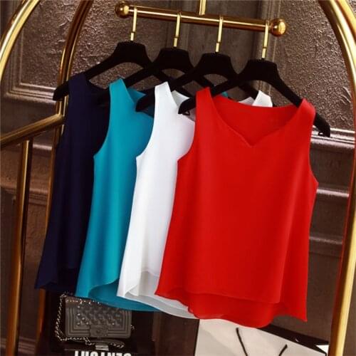 Korean Chiffon Top Women V-neck Irregul Tank Tops Sleeveless Solid Vest Tops Plus Size Tops L-7XL 8XL Red White Yellow 10 Colors
