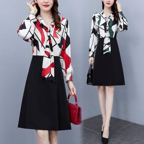 Womens Long SLeeve Patchwork Dress Printed Floral Office Ladies Work Wear Autumn Loose Blouses Blusa A-Line Skater Dress Clothes