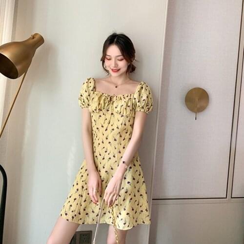 Summer Floral Mini Dress Women Korean Style Vintage Sweet Bandage Square Neck Short Dress 2021 New Fashion Sundress 166