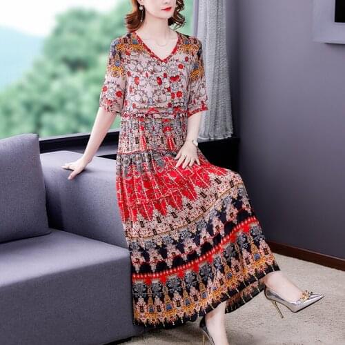 2021 Boho Red Floral Mulberry Silk Maxi Dress Summer Vintage Casual Chiffon Beach Midi Dress Women Elegant Bodycon Party Vestido