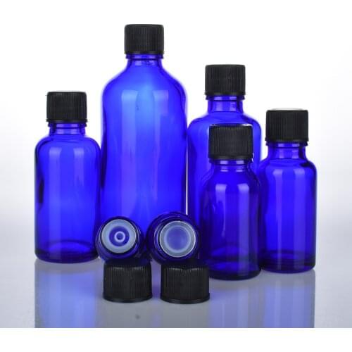 6pcs/lot 100ml 50m 30ml 20ml 15ml 10ml 5ml 1/3oz 1oz Dark Blue Essential Oil Glass Bottles With Black Cap Glass Containers