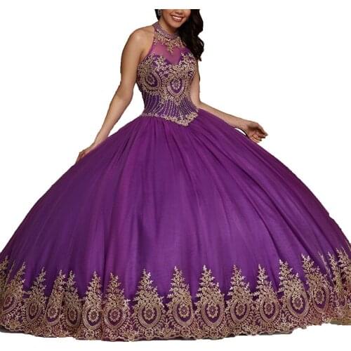 Charmingbridal Halter Sleeveless Basque Ball Gown Sweet 16 Dresses Appliques Floor Length Purple Quinceanera Dresses with Jacket