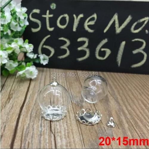 Free Ship 50sets/lot 20mm (15mm opening) Glass globe & setting silver lace base & cap finding glass bottle vials jewelry making