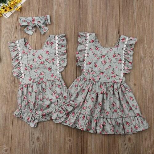 Toddler Kids Baby Girl Clothes Sister Matching Floral Romper Dress Summer Ruffles Sleeveless Floral Sisters Outfits