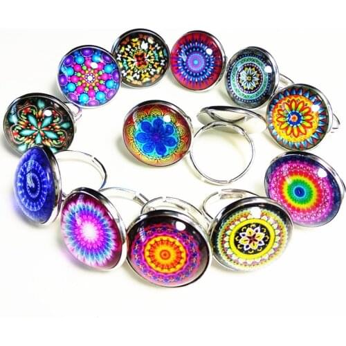 Jiangzimei 24pcs/lot Mandala Bandan flowers Paisley Glass rings Buddhism jewelry for girls women ring Wholesale