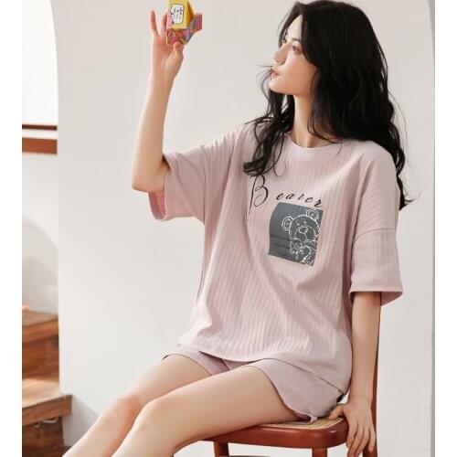 Summer Pajamas Set Cute Cartoon Little Bears Pink Women Kawaii Nightwear Womens Loose Plus Size Cotton Short Sleeve Sleepwear