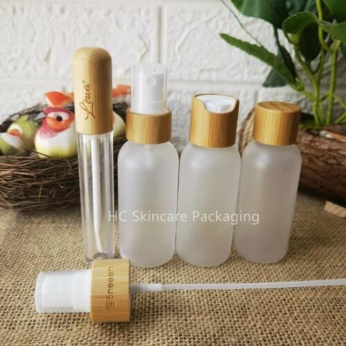 Custom Logo Cosmetic Bottle Cream Jar With Bamboo Lid Frosted Clear Plastic Container Skin Care Packaging Tools