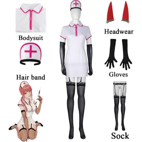 Anime Chainsaw Man Makima Cosplay Costume Power Nurse Uniform Bodysuit Gloves Accessories Full Sets Women Girls Halloween Party
