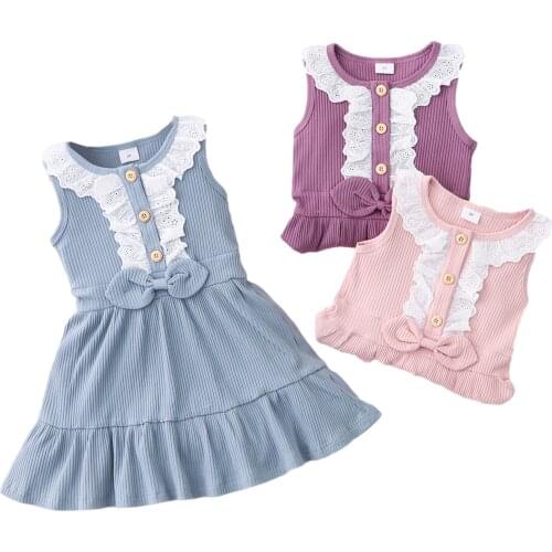 Girl’s Summer Sleeveless Dress Fresh Solid Color Lace Trim Round Neck Bow A-line Princess Dress 18M-6T