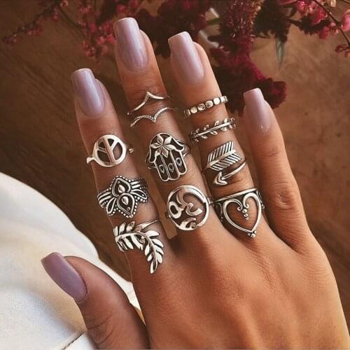 11 Pcs/Set Bohemian Fashion Leaf Love Heart Arrow Rings Set Vintage Geometric Flower Rings for Women Jewelry Accessories