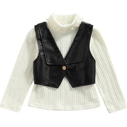 Fashion Autumn Girls Clothing Sets Children Kids Girls Turtleneck Knitted Long Sleeve Sweaters+PU Leather Vest Casual Outfits