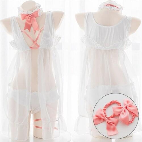 Sexy Cute Lolita Open Chest Pajamas Micro-transparent Ribbon Hollow Out Nightdress Sweet Japanese White Lace Mesh Underwear Set