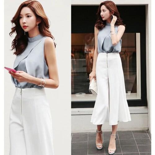 RG Summer Style Sleeveless Crop top Pants Suit Formal Business Womens Work Office Wear Ruffle Suits Set tailleur femme 2018