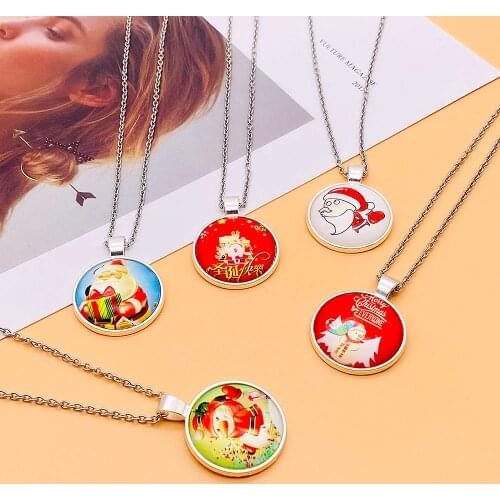 Christmas Necklace Santa Snowman Time Gem Crystal Pendant Necklace For Women Kids Jewelry Gift