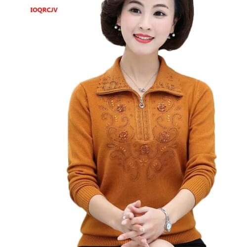 Middle-aged Womens Sweater Spring Autumn Long-sleeved Lapel Zipper Pullover Top Plus Size 4XL Lady Casual Knit Sweater W1714