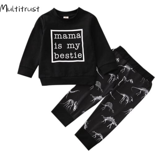 2020 Toddler Boys Clothes Set Children Letter Print Long Sleeve O-neck Tops + Dinosaur Prints Trousers for Spring Fall 0-24M