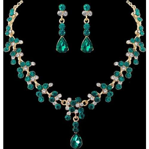 Vintage Female Green Crystal Jewelry Set Charm Silver Color Wedding Drop Earrings For Women Bridal Geometry Long Chain Necklace