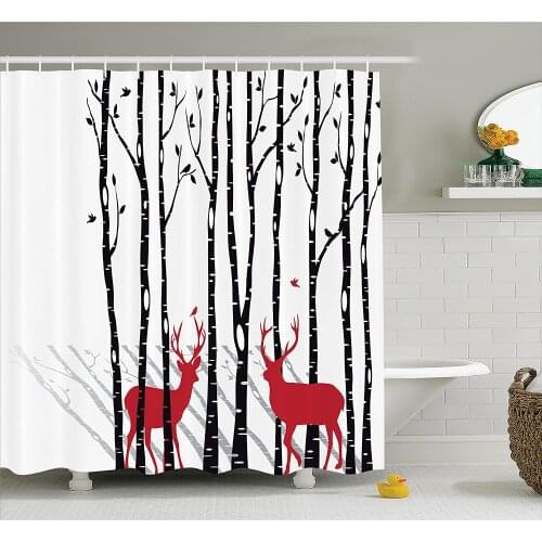 Antlers Shower Curtain Deer Tree Forest Backdrop with Red Holiday Theme Flying Birds Leaves Branch Reindeer Bath Curtains