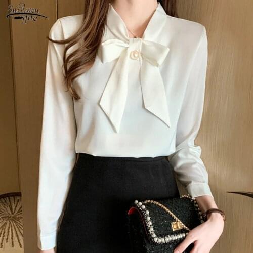 2020 Autumn New Office Lady Solid Beading Women Blouse Bow Satin Long Sleeve Shirt Women Plus Size Pullover Ladies' Tops 10496
