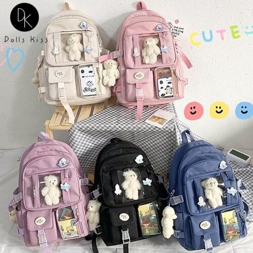 Female Mochila Ita Bag Women Nylon Badge Doll Pendant Backbag Ladies PVC Transparent Pocket Bag Kawaii School Bag for Girls