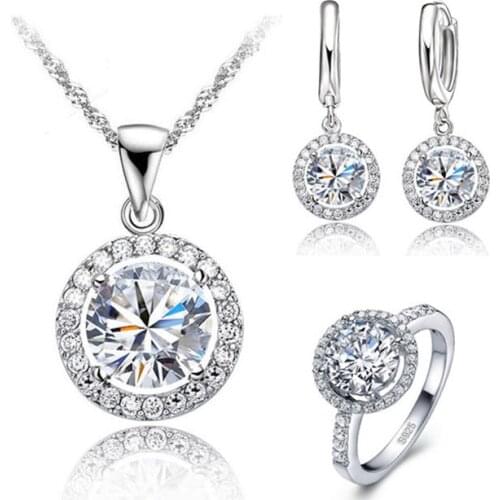 New Fashion Full Jewelry Sets For Women Lady Round Cubic Zircon 925 Sterling Silver Engagement Necklace Earrings Ring