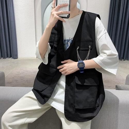 Vest Summer Workwear Chain Loose Jacket Trend Hip Hop Streetwear Multi-pocket Sleeveless Jacket Casual Mens Clothes Outerwear