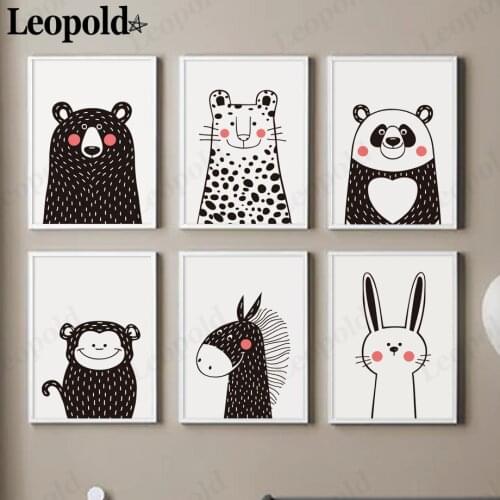 Cartoon Animal Panda Canvas Painting Black and White Rabbit Poster Wall Art Nordic Childrens Room Home Decoration Accessories