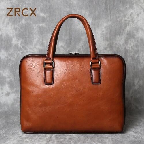 ZRCX Vintage Man Handbag Briefcase Men Shoulder Genuine Leather Bags Brown Business Fashion 14 Inch Laptop Bag