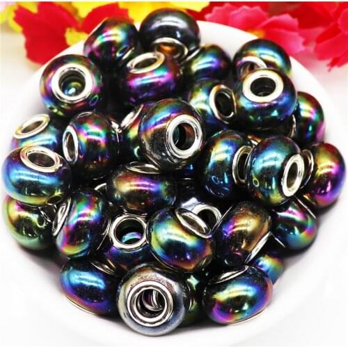 10 Pcs Black Color Large Hole Siver Plated Beads Fit European Pandora Bracelet Charms Bangles DIY Spacer Beads for Women Jewelry