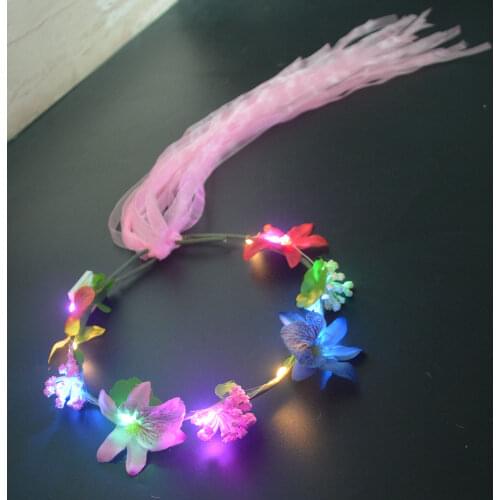 10pcs Girls Women Hawaiian Lei Headband Light Up Flower Wreath Crown Long Ribbon Wedding Festival Holiday Christmas Party