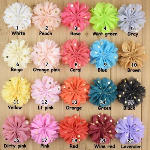 30pcs / lot , 8cm gold dot chiffon flower , lotus chiffon flower girls headband apparel hair headwear accessories 22 colors