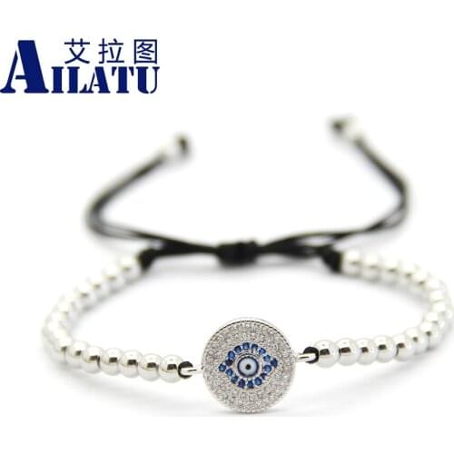 Ailatu New Braided Macrame Bracelet, 4mm High quality Bronze Beads Knit 12mm Round Blue Eye Cubic Zirconia Beads
