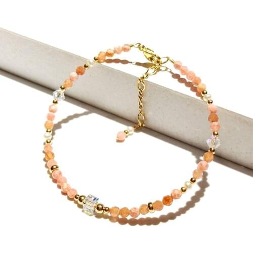 Lii Ji 3mm Rhodochrosite Freshwater Pearl Austrian Crystal Beads Sparkling Bracelet American 14K Gold Filled Bracelet 17+3cm