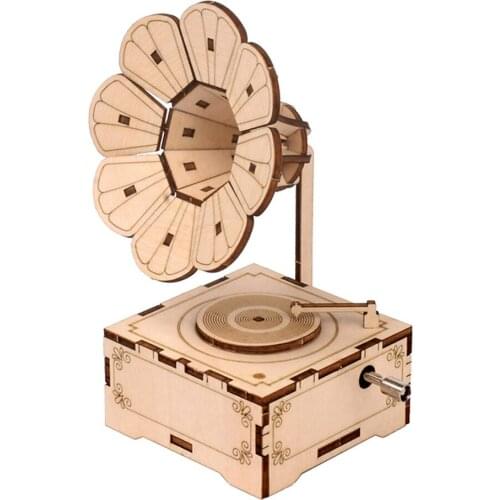 Gramophone 3D DIY Wooden Phonograph Gramophone Children Hand Cranked Puzzle Assembly Toy Kids Girls Birthday Gift