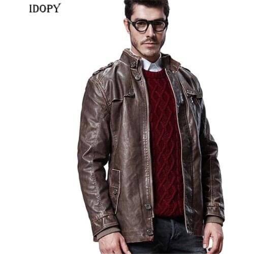 Idopy Fashion Mens Winter Warm Biker Leather Jackets Fleeced Motorcycle Faux Leather Coats Stand Collar Plus Size 4XL